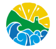 A circular graphic for the Amalfi Outdoor Experience logo, featuring a stylized sun, green hills with a small building, and blue ocean waves, all separated by white lines.