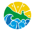 A circular graphic for the Amalfi Outdoor Experience logo, featuring a stylized sun, green hills with a small building, and blue ocean waves, all separated by white lines.