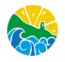 A circular graphic for the Amalfi Outdoor Experience logo, featuring a stylized sun, green hills with a small building, and blue ocean waves, all separated by white lines.